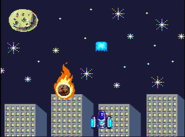 a screenshot of the SNES game Jupiter Scope, from Super Action 52. It shows a space ship shooting a beam at a meteor in front of a night-time cityscape.